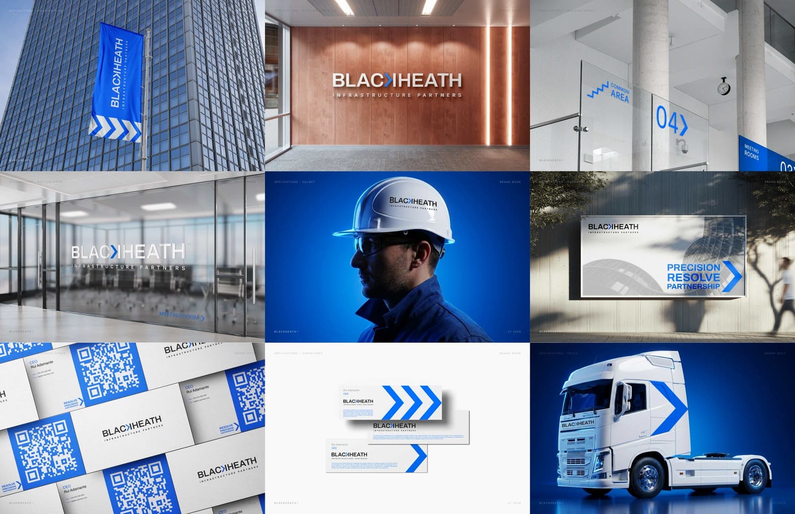 Blackheath Infrastructure Partners brand applications: building flag, office signage, hard hat, business cards and truck livery