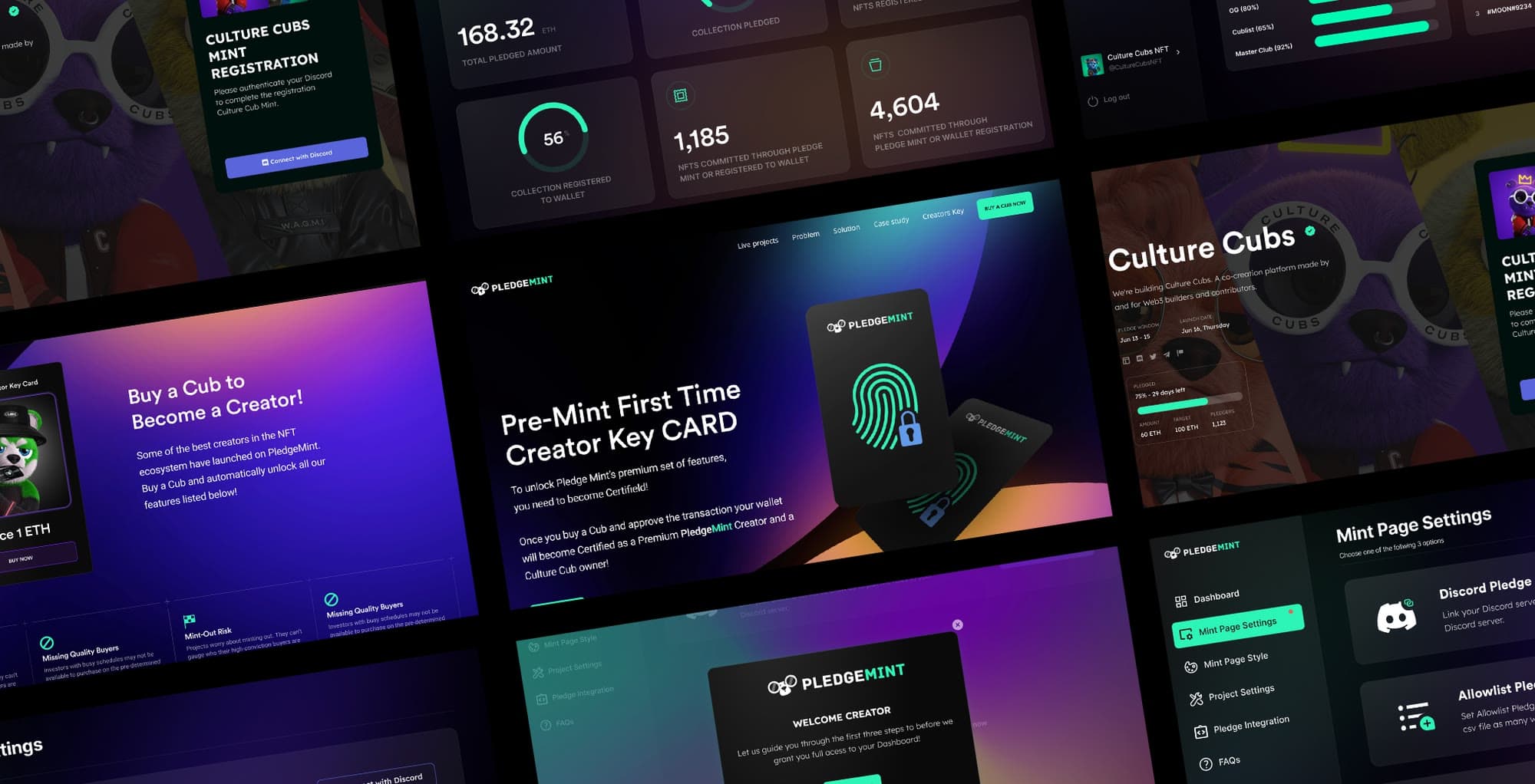 Pledgemint platform screens: dashboard, creator key and mint pages
